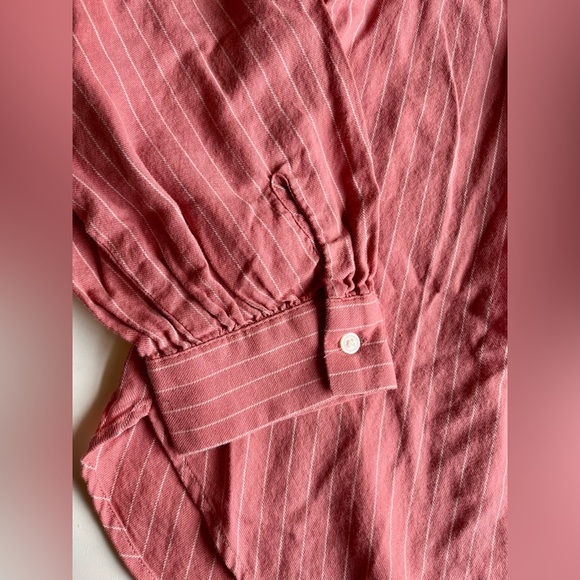 Women's LOFT Coral Pink White Striped Button Up Flowy Long Slv Blouse - Size XL - Picture 5 of 9